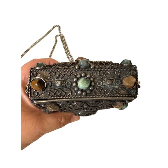 Vintage Sajai inlaid natural agate stones gems metal evening purse from India - Picture 7 of 12